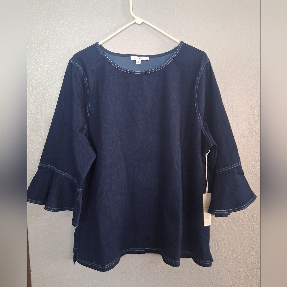 Chico's NWT Denim Trumpet Sleeve 3/4 Sleeve Top 4/XXL